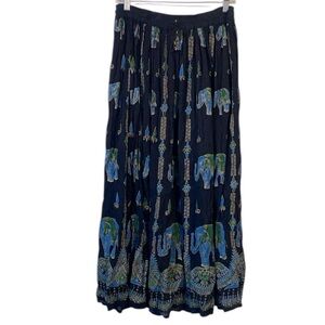 Papa Black Blue Rayon elephant embroidered maxi skirt size Medium